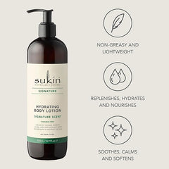 Sukin Signature Hydrating Body Lotion 500ml - with Rosehip & Essential Olis; cruelty free & vegan friendly - replenishes and nourishes the skins moisture barrier through its rich blend to soothe.