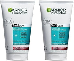 Garnier Pure Active 3in1 Clay Mask-Wash-Scrub 150ml, With Clay, Eucalyptus & Salicylic Acid, Face Cleanser For Oily Skin, Packaging May Vary (Pack of 2)