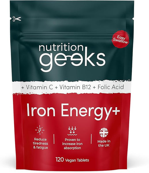 Nutrition Geeks-Iron Tablets High Strength Tablets with Vitamin C, B12 & Folic Acid - 120 Vegan Supplements for Women and Men - 14mg Iron Vitamin for Enhanced Energy Support & Increased Absorption | UK