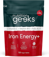 Nutrition Geeks-Iron Tablets High Strength Tablets with Vitamin C, B12 & Folic Acid - 120 Vegan Supplements for Women and Men - 14mg Iron Vitamin for Enhanced Energy Support & Increased Absorption | UK