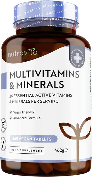 Nutravita Multivitamins & Minerals - 365 Vegan Multivitamin Tablets - 1 Year Supply - Multivitamin Tablets for Men and Women with 26 Essential Active