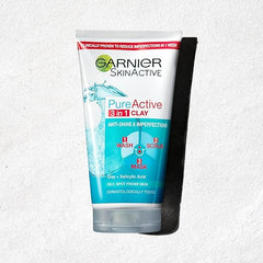 Garnier Pure Active 3in1 Clay Mask-Wash-Scrub 150ml, With Clay, Eucalyptus & Salicylic Acid, Face Cleanser For Oily Skin, Packaging May Vary (Pack of 3)