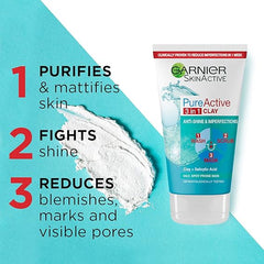 Garnier Pure Active 3in1 Clay Mask-Wash-Scrub 150ml, With Clay, Eucalyptus & Salicylic Acid, Face Cleanser For Oily Skin, Packaging May Vary (Pack of 3)