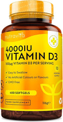 Nutravita Vitamin D3 4000 iu - 400 High Strength Easy to Swallow Premium Softgels - Over A Year's Supply - Max Strength Vitamin D3 Cholecalciferol Supplement