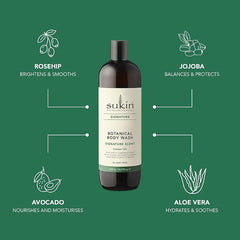 Sukin Signature Soap-Free Botanical Body Wash 500ml - gently cleanses and purify the skin without drying - with Aromatic Botanicals and Essential Oils; cruelty free & vegan friendly.