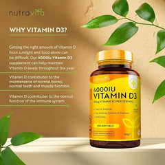 Nutravita Vitamin D3 4000 iu - 400 High Strength Easy to Swallow Premium Softgels - Over A Year's Supply - Max Strength Vitamin D3 Cholecalciferol Supplement