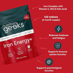 Nutrition Geeks-Iron Tablets High Strength Tablets with Vitamin C, B12 & Folic Acid - 120 Vegan Supplements for Women and Men - 14mg Iron Vitamin for Enhanced Energy Support & Increased Absorption | UK