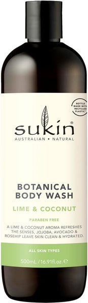 Sukin Soap-Free, Lime & Coconut Botanical Body Wash 500ml - stimulates the senses with zesty citrus & Coconut while leaving skin clean and fresh - with Essential Oils; cruelty free & vegan friendly.