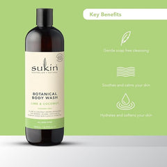 Sukin Soap-Free, Lime & Coconut Botanical Body Wash 500ml - stimulates the senses with zesty citrus & Coconut while leaving skin clean and fresh - with Essential Oils; cruelty free & vegan friendly.