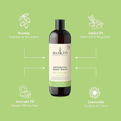 Sukin Soap-Free, Lime & Coconut Botanical Body Wash 500ml - stimulates the senses with zesty citrus & Coconut while leaving skin clean and fresh - with Essential Oils; cruelty free & vegan friendly.