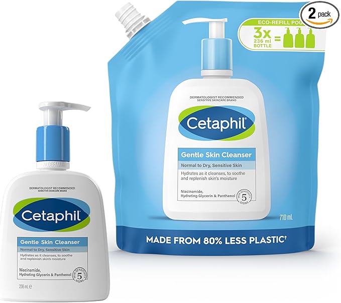 Cetaphil Gentle Skin Cleanser 236ml + Eco-Refill Pouch 710ml Set, Face & Body Wash duo, for Normal to Dry Sensitive Skin, Soap Free with Niacinamide