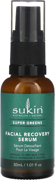 Sukin Super Greens Facial Recovery Serum 30ml- with Acai & Goji Berry; cruelty free & vegan friendly - has a light consistency for speedy absorption & infused detoxifying ingredients.