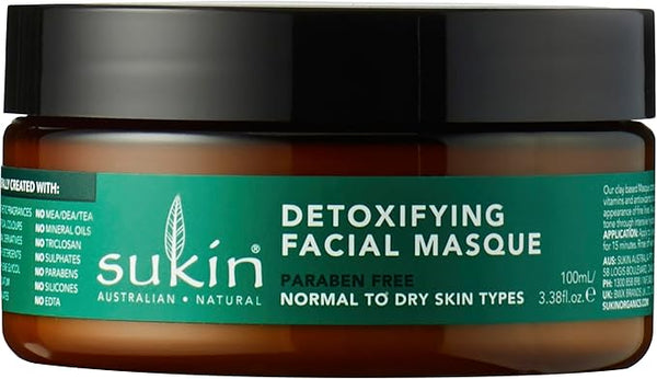 Sukin Super Greens Detoxifying Clay Masque 100ml - with Goji Berry, Avocado & Baobab; cruelty free & vegan friendly - detoxes & brightens the complexion.