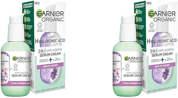 Garnier Organic Lavandin & Hyaluronic Acid Serum Cream, 2in1 Formula With Hyaluronic Acid serum & Hydrating Moisturiser, Replumps Skin & Reduces Fine Lines, Organic & Vegan Formula, 50ml (Pack of 2)