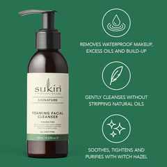 Sukin Signature Foaming Facial Cleanser 125ml - with Witch Hazel & Green Tea; cruelty free & vegan friendly - gently cleanses skin, removes make-up, dirt build-up and sebum.