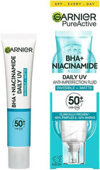 Garnier Sunscreen, With SPF50, Anti Imperfection Fluid, Prevents & Corrects Sun Damage, Invisible and Matte Finsih, Pure Active BHA + Niacinamide Daily UV, 40ml
