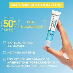 Garnier Sunscreen, With SPF50, Anti Imperfection Fluid, Prevents & Corrects Sun Damage, Invisible and Matte Finsih, Pure Active BHA + Niacinamide Daily UV, 40ml
