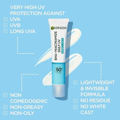 Garnier Sunscreen, With SPF50, Anti Imperfection Fluid, Prevents & Corrects Sun Damage, Invisible and Matte Finsih, Pure Active BHA + Niacinamide Daily UV, 40ml