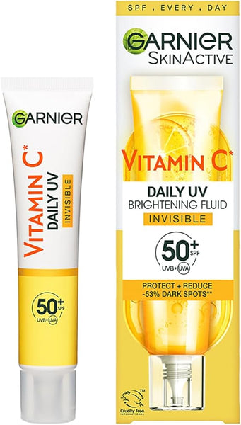 Garnier Vitamin C Daily UV, Invisible Brightening Fluid, SPF50+, Prevents + Corrects Sun Damages, Face & Neck, For all skin types, Cruelty Free, Vegan, 40ml