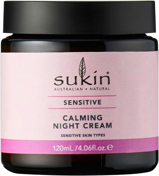 Sukin Sensitive Calming Night Cream 120ml - with Rosehip & Evening Primrose; vegan friendly - improves texture while you sleep, soothes & helps relieve redness, boost moisture levels for dry skin.