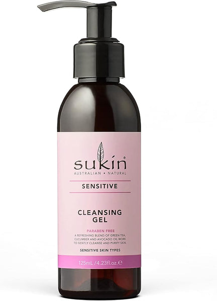 Sukin Sensitive Cleansing Gel 125ml - with a blend of Green Tea, Cucumber & Avocado oil; cruelty free & vegan friendly - soap-free, gentle, non-drying cleanser to remove impurities and excess oils.