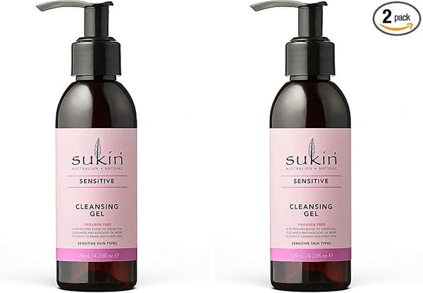 Sukin Sensitive Cleansing Gel 125ml - with a blend of Green Tea, Cucumber & Avocado oil; cruelty free & vegan friendly - soap-free, gentle, non-drying cleanser to remove impurities and excess oils.