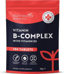 Nutravita Vitamin B Complex - 180 High Strength Tablets (6 Months Supply) - All 8 B Vitamins B1-B2-B5-B6-B12, Biotin, Folic Acid and Vitamin D3 - Reduction of Tiredness & Fatigue