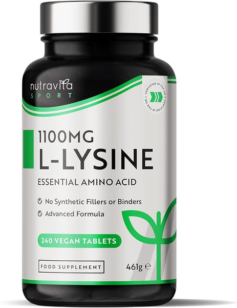 Nutravita L-Lysine 1100mg High Strength - 240 Vegan & Gluten Free Tablets (8 Month Supply) - Cold Sore Treatment, Essential Amino Acid Supplement - Normal Growth and Muscle Turnover