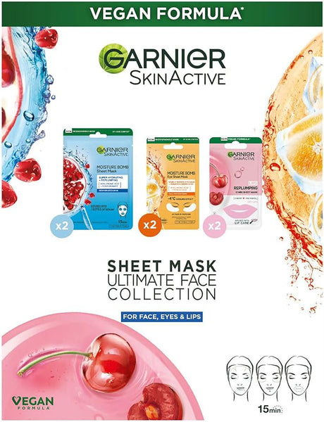 Garnier Sheet Masks Ultimate Face Collection, Set of Sheet Masks for Face, Eyes and Lips, With Natural Plant Extracts, Hyaluronic Acid Serum and Vegan Tissue, SkinActive, 6 Pieces