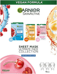Garnier Sheet Masks Ultimate Face Collection, Set of Sheet Masks for Face, Eyes and Lips, With Natural Plant Extracts, Hyaluronic Acid Serum and Vegan Tissue, SkinActive, 6 Pieces