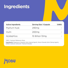 Mobu-Fibre Pro 60 Capsules | Acidophilus, Inulin and Psyllium Husk Complex | Friendly Bacteria Digestion Support