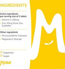 Mobu-Vitamin C 100mg and Zinc 20mg 120 Tablets | High Strength Immune System Support | Vitamin C & Zinc Supplement