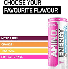 Optimum Nutrition Essential Amino Energy + Electrolytes, Ready to Drink Sugar Free EAA Energy Drink with Electrolytes and Caffeine, Workout Supplement for Men and Women, Pink Lemonade, 24x250 ml