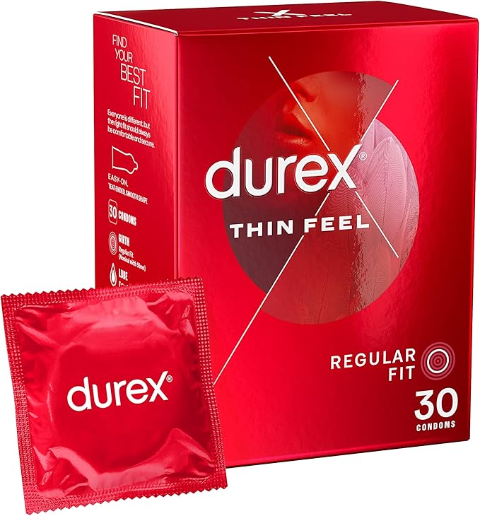 Durex Thin Feel Condoms, 30 Pack, Regular Size Fit, Thin Condom for Increased Sensitivity, Contraception, Thinnest Condom, Best Condoms for Feeling, Natural Latex Condom with Silicon Lube
