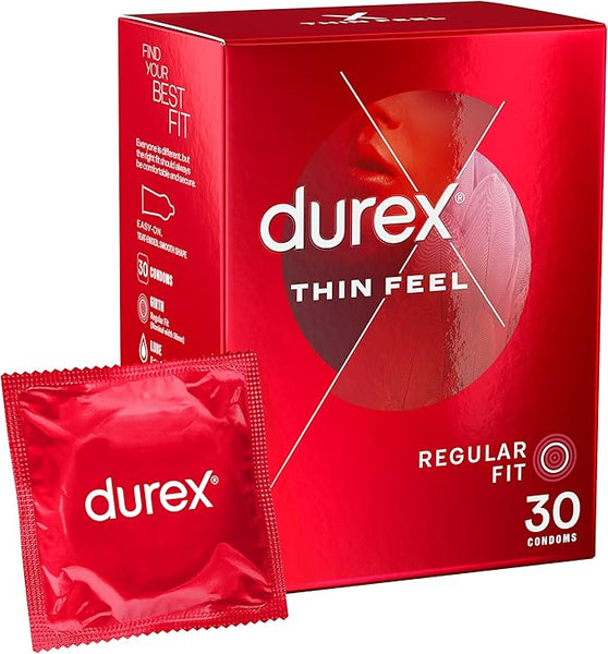 Durex Thin Feel Condoms, 30 Pack, Regular Size Fit, Thin Condom for Increased Sensitivity, Contraception, Thinnest Condom, Best Condoms for Feeling, Natural Latex Condom with Silicon Lube
