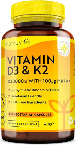 Nutravita Vitamin D3 3000iu & K2 100ug (MK7) – 120 Vitamin D3 K2 Vegetarian Capsules – Supports Normal Bones, Muscles, Teeth and Immune System