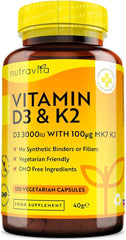 Nutravita Vitamin D3 3000iu & K2 100ug (MK7) – 120 Vitamin D3 K2 Vegetarian Capsules – Supports Normal Bones, Muscles, Teeth and Immune System