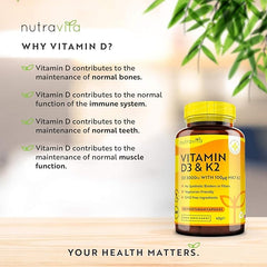 Nutravita Vitamin D3 3000iu & K2 100ug (MK7) – 120 Vitamin D3 K2 Vegetarian Capsules – Supports Normal Bones, Muscles, Teeth and Immune System