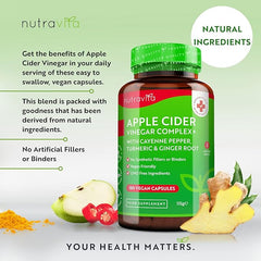Nutravita Apple Cider Vinegar Capsules with Cayenne Pepper, Turmeric and Ginger Root - 180 Vegan Capsules Made from UK Grown Apples - Raw Unfiltered ACV - 1033mg Daily Dosage