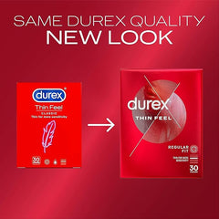 Durex Thin Feel Condoms, 30 Pack, Regular Size Fit, Thin Condom for Increased Sensitivity, Contraception, Thinnest Condom, Best Condoms for Feeling, Natural Latex Condom with Silicon Lube