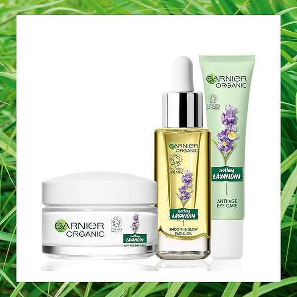 Garnier Organic Lavandin Set: Anti-Age Day Cream, Smooth & Glow Facial Oil and Anti-Age Eye Cream for Healthy Glowing Skin - Suitable for Dry & Sensitive Skin