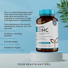 Nutravita Zinc Tablets 50mg – 365 Vegan Tablets for 6 Months Supply – Zinc Supplement High Strength for Maintenance of Normal Immune System, Bones, Hair, Skin & Nails