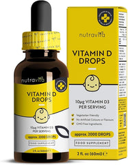 Nutravita Baby Vitamin D Drops for Infants & Children 60ml – Healthy Immune System, Normal Growth & Development of Bones in Kids - 400 IU or 10mcg per Drop (2000 Drops Per Bottle) - Sugar Free