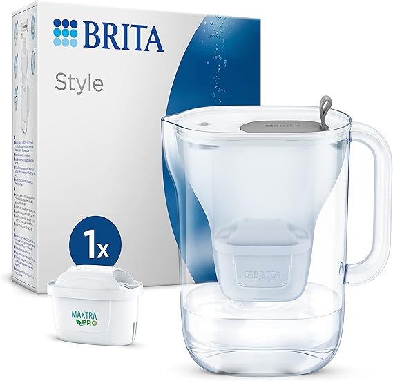 BRITA Style Water Filter Jug Grey (2.4L) incl. 1x MAXTRA PRO All-in-1 cartridge - fridge-fitting design jug with smart LED-LTI and Flip-Lid - now in sustainable Smart Box packaging