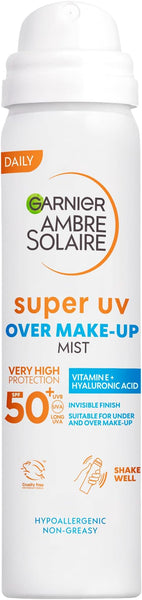 Garnier Ambre Solaire Over Makeup Super UV Protection Mist SPF50+ 75 ml with Hyaluronic Acid and Vitamin E, light texture, invisible finish, non-greasy spray, protects & hydrates skin