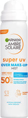 Garnier Ambre Solaire Over Makeup Super UV Protection Mist SPF50+ 75 ml with Hyaluronic Acid and Vitamin E, light texture, invisible finish, non-greasy spray, protects & hydrates skin