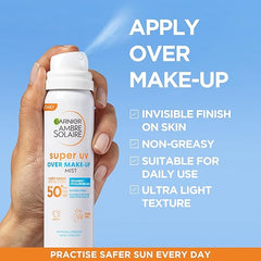 Garnier Ambre Solaire Over Makeup Super UV Protection Mist SPF50+ 75 ml with Hyaluronic Acid and Vitamin E, light texture, invisible finish, non-greasy spray, protects & hydrates skin