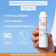 Garnier Ambre Solaire Over Makeup Super UV Protection Mist SPF50+ 75 ml with Hyaluronic Acid and Vitamin E, light texture, invisible finish, non-greasy spray, protects & hydrates skin