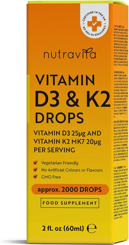 Nutravita High Strength Vitamin D3 K2 MK7 Drops - Vitamin D 1000IU & K2 20ug per 2 Drops - 60ml Liquid Vitamin D3 and K2-1+ Year Supply Supports Immune System, Normal Bones, Muscles & Teeth