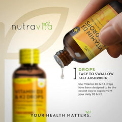 Nutravita High Strength Vitamin D3 K2 MK7 Drops - Vitamin D 1000IU & K2 20ug per 2 Drops - 60ml Liquid Vitamin D3 and K2-1+ Year Supply Supports Immune System, Normal Bones, Muscles & Teeth